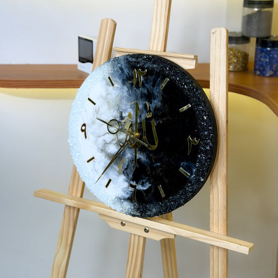 Handcrafted 14-inch resin wall clock in a black, white, and gold theme with Jet Black, White, and Gold Afloat pigments and a glossy finish.
