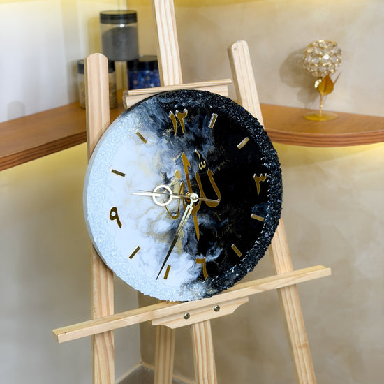 Handcrafted 14-inch resin wall clock in a black, white, and gold theme with Jet Black, White, and Gold Afloat pigments and a glossy finish.
