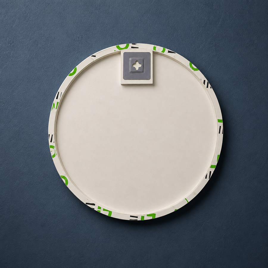 A round, off-white wall-mounted canvas print with a minimalist black and green geometric border, featuring a square gray frame at the top center. The canvas is displayed against a textured dark blue wall.